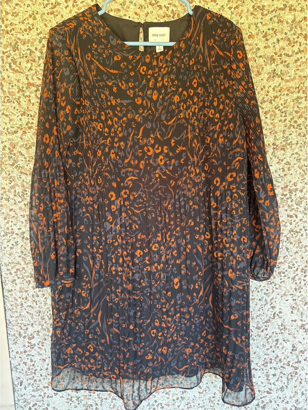 Nine West Leopard Print Pleated Long Sleeve Dress Size L Sheer
